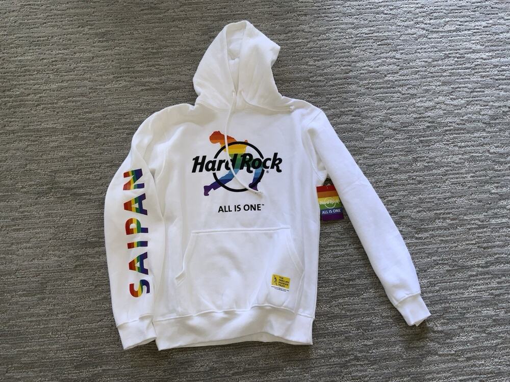 HARD ROCK CAFE Freddie Mercury Queen Hoodie Saipan White Pride Large LGBTQ